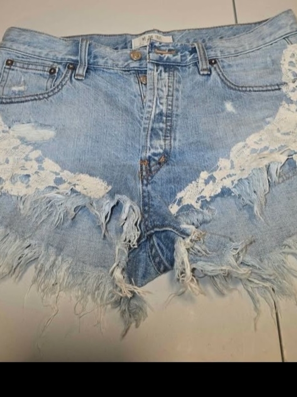 Free People Light Blue Distressed Denim Shorts with Lace Detail